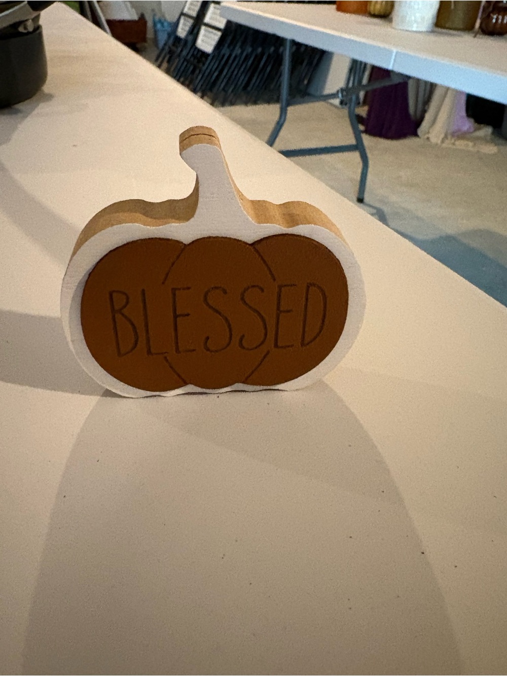 Wooden 'Blessed' Pumpkin Table Decor - White & Rust